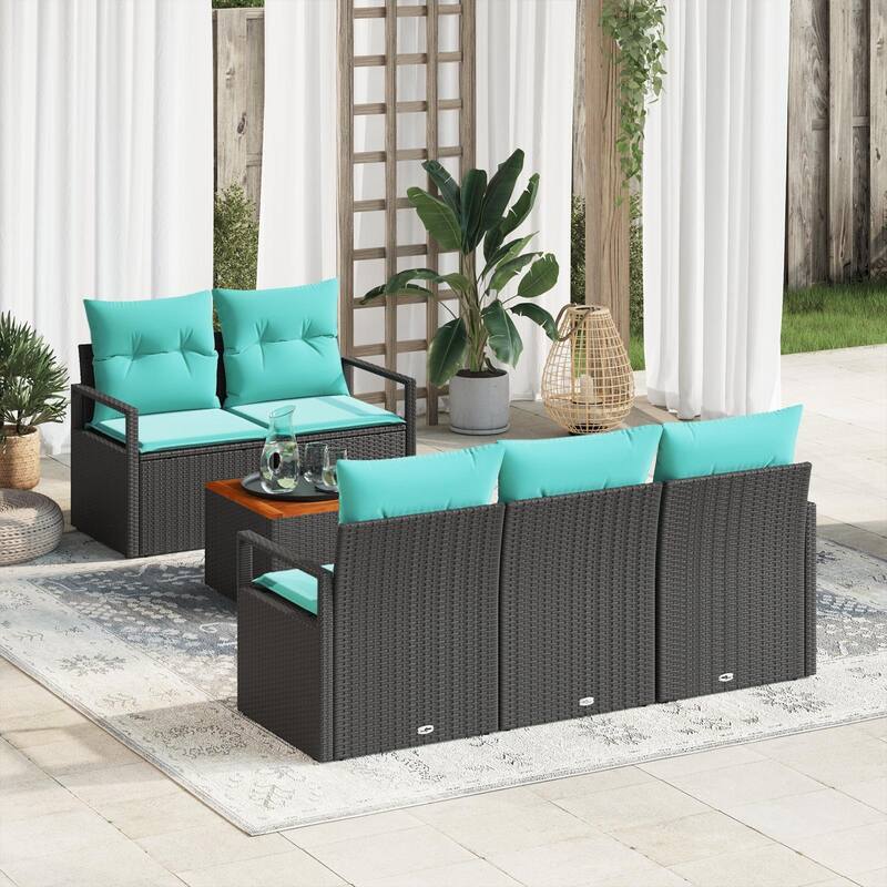 vidaXL 6 Garden Sofa Set with Cushions Black/Grey Poly Rattan - 68.9 x 24.4 x 27.2 - Black