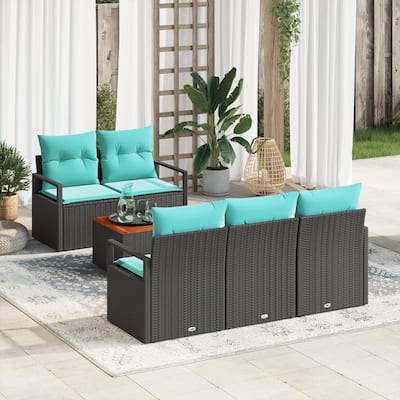 vidaXL 6 Piece Garden Sofa Set with Cushions Black Poly Rattan Acacia - 68.9×24.4×27.2