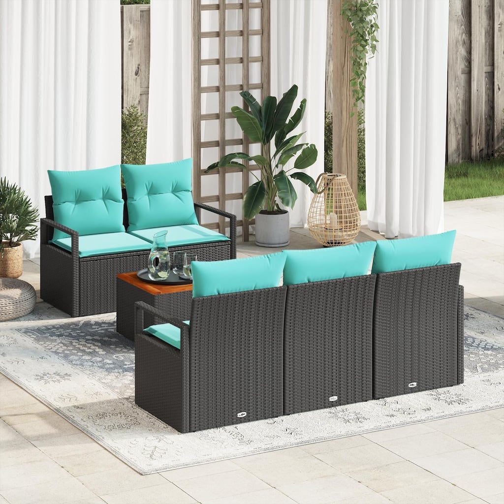 vidaXL 6 Piece Garden Sofa Set with Cushions Black Poly Rattan Acacia - 68.9×24.4×27.2
