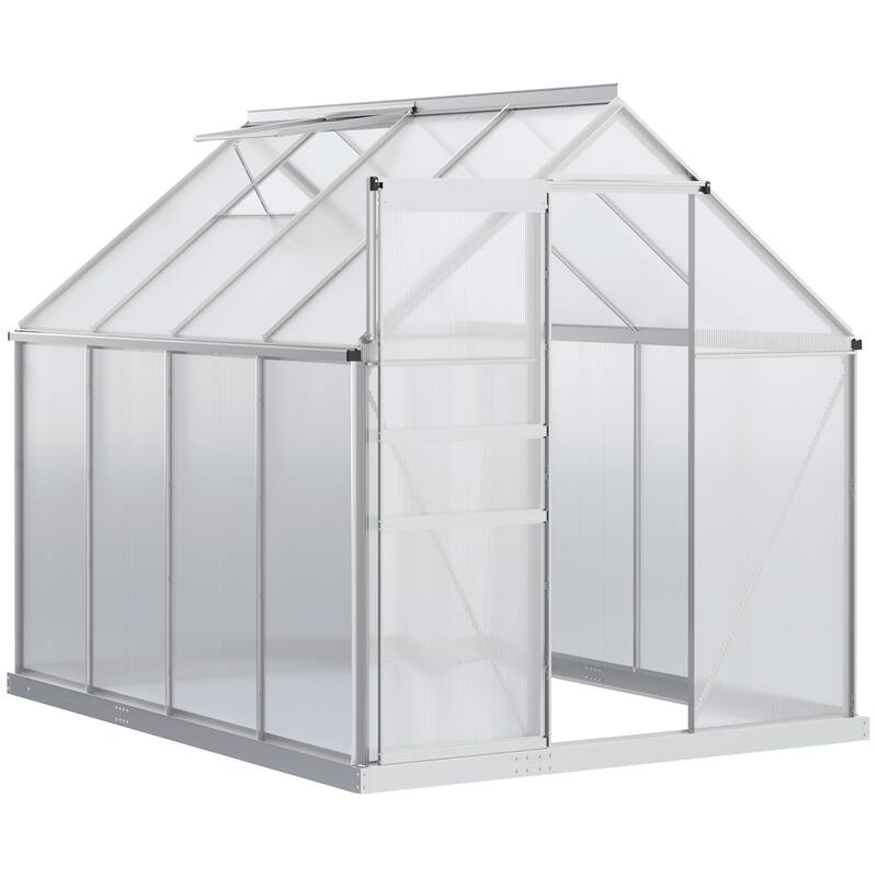 Outsunny Aluminum Greenhouse Polycarbonate Walk-in Garden Greenhouse Kit with Adjustable Roof Vent, Rain Gutter and Sliding Door