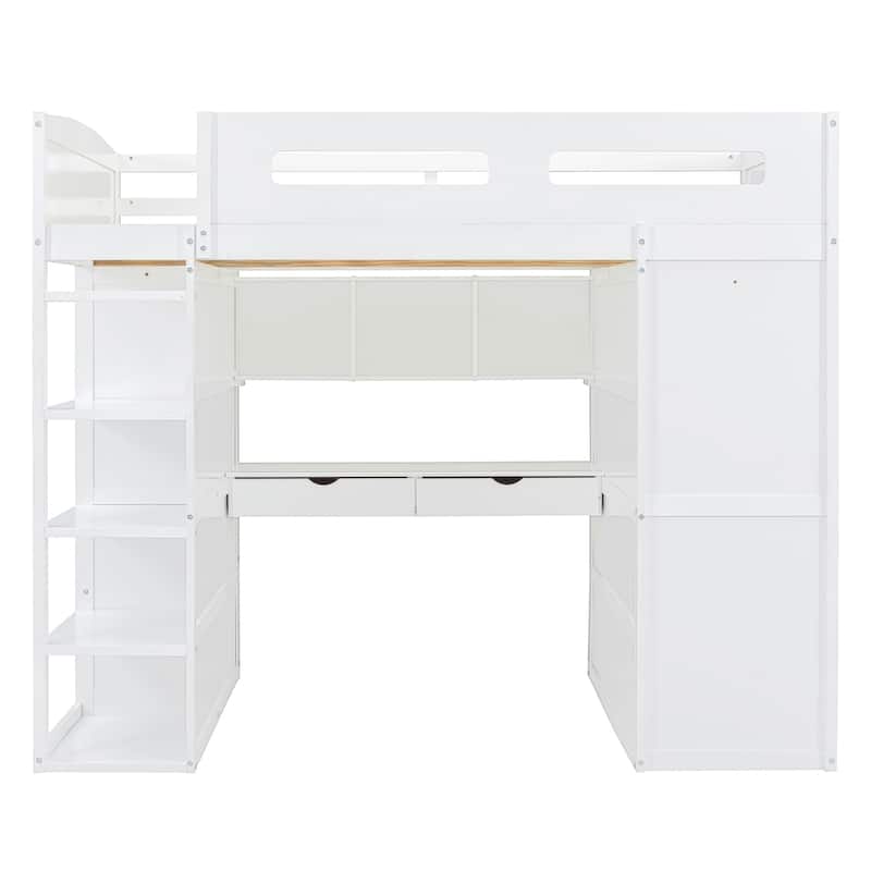 Full Size Solid Wood Loft Bed with Desk, Wardrobes & Drawers
