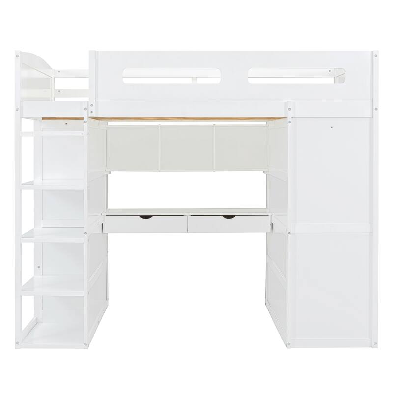 Twin/Full Size Loft Bed with Bulit-in Wardrobes, Desk and 4 Drawers, Solid Wood Loft Bedframe with 4-Tier Storage Shelves