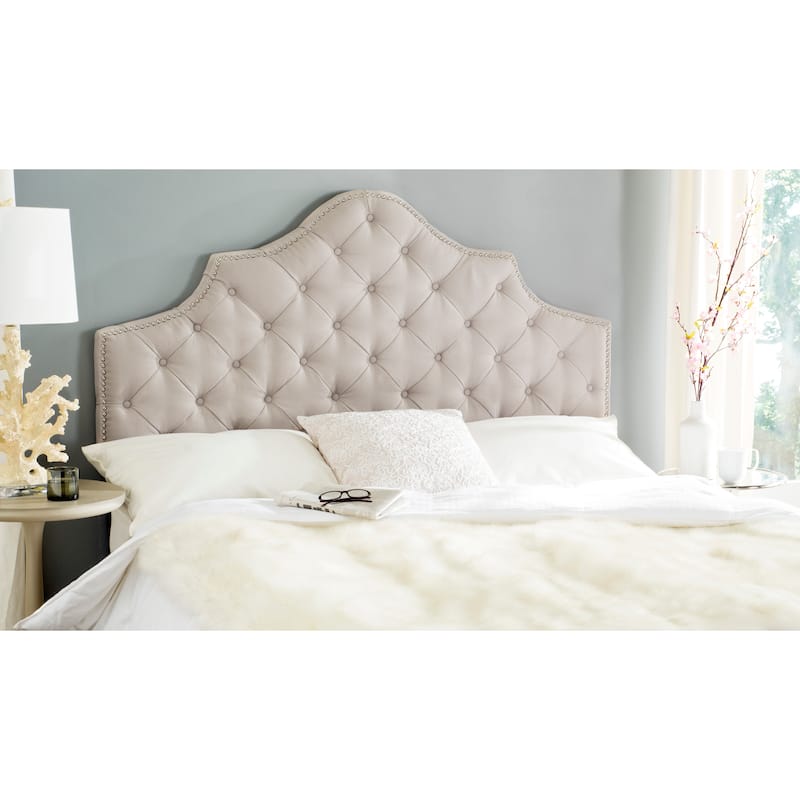 SAFAVIEH Brianna Taupe Linen Upholstered Tufted Headboard - Silver Nailhead (Queen) - Taupe - Queen