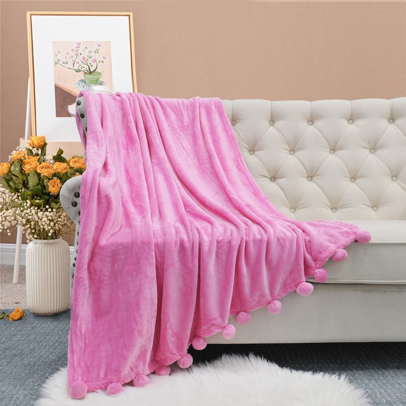 Pompom Flannel Fleece Throw