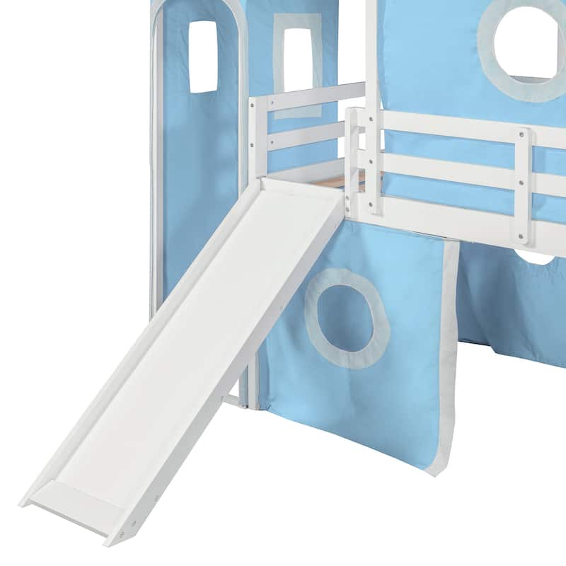 Roomfitters Twin Size Loft Bed with Slide, Tent and Tower, Blue