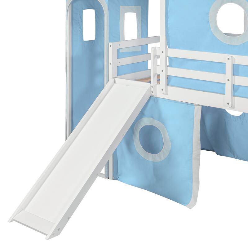 Twin/Full Size Wooden Playhouse Loft Bed with Tent and Tower, Solid Pinewood Low Loftbed Frame with Slide and Ladder