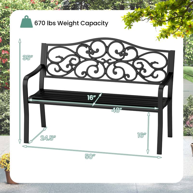 50-Inch Black Cast Iron Outdoor Metal Loveseat Garden Bench with Floral Backrest for 2-3 People - 50" x 24.5" x 35"