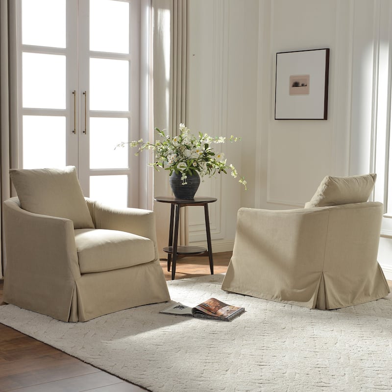 KINWELL 32" W Down Fill Upholstered Slipcovered Swivel Barrel Accent Armchair