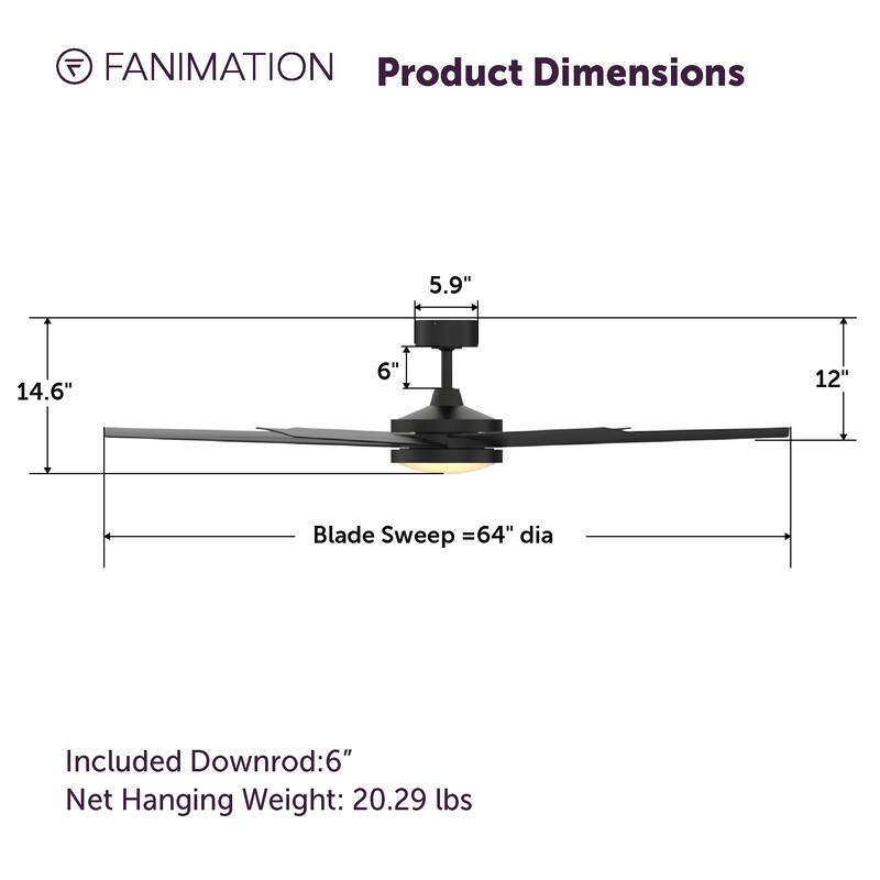 Fanimation Brawn 64 inch Indoor/Outdoor Ceiling Fan with LED CCT Select Light Kit and Remote Control