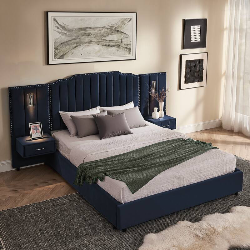 Queen Size Upholstered Bed Frame , Vertical Stripe Design with Buttons Around Platform Bed with Headboard