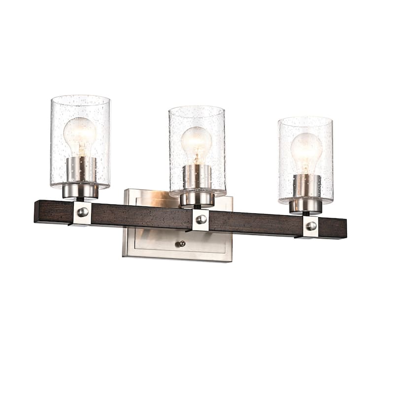 Brushed Nickel and Wood 3-Light Vanity with Seedy Glass Sconces - Brushed Nickel and Wood