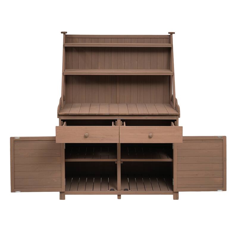 Outdoor Potting Bench Table, Gardening Workstation with Open Storage Shelves, Fir Wood Workstation with 2 Drawers and Cabinet