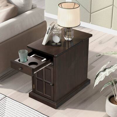 14" Vintage Rectangular Solid Wood End Table with USB Ports and One Multifunctional Drawer