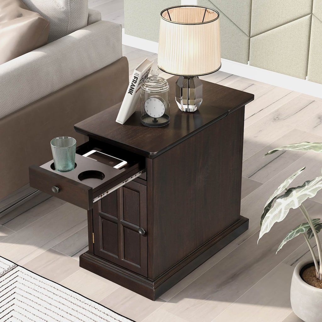 14" Vintage Rectangular Solid Wood End Table with USB Ports and One Multifunctional Drawer