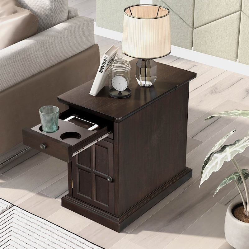 Classic Vintage Livingroom End Table, Side Table with USB Ports, and One Multifunctional Drawer with cup holders - Antique Espresso
