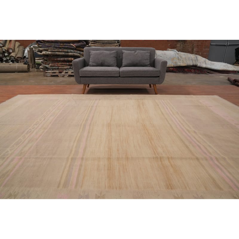 Hand Woven Oriental 100% Wool Carpet Southwestern Tribal Beige & Ivories Kilim Area Rug - 11' 11'' X 9' 1''