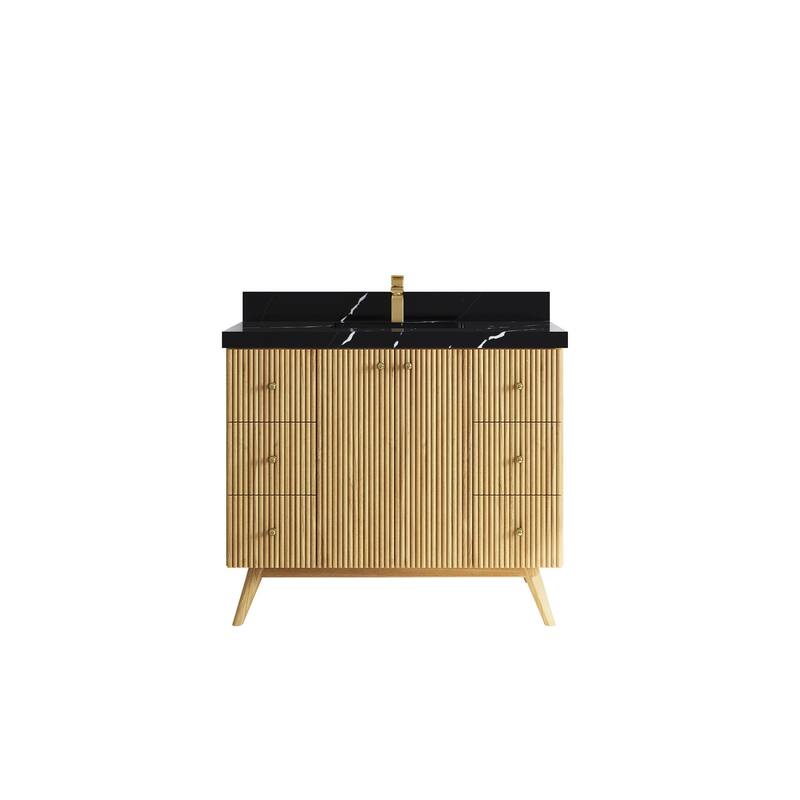 Willow Collections 42 in. W x 22 in. D Pasadena Solid TeakSingle Sink Bathroom Vanity with Countertop - 2"Calacatta Black - Light Natural