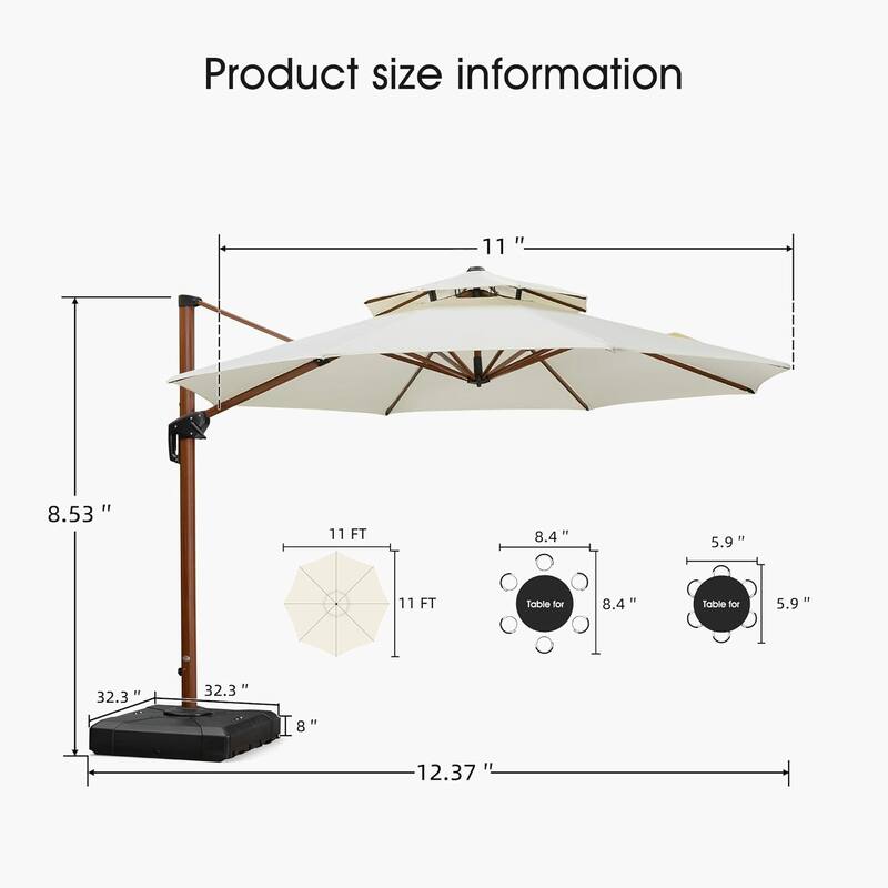 PURPLE LEAF 10/11/12ft Round Wood Pattern Patio Cantilever Umbrella with Base