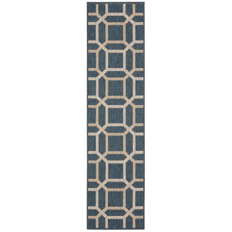 Vista Home Higgins Geometric Tile Blue-Green/Oatmeal Indoor-Outdoor Rug - 1'10" x 7'6" Runner - Blue/Oatmeal