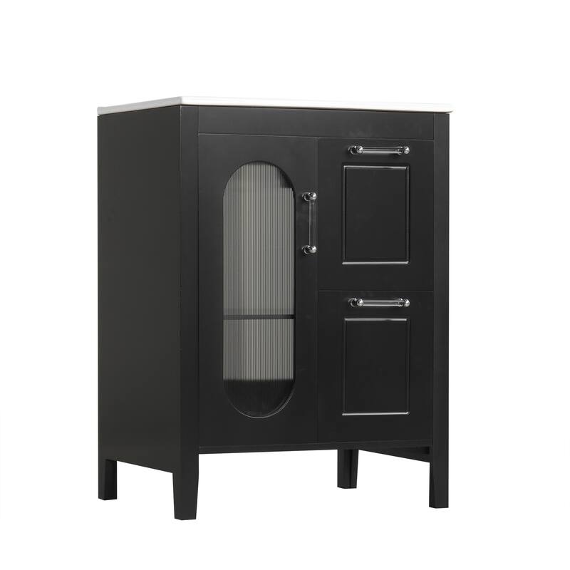 24" Black Bathroom Vanity with Sink - Solid Wood & MDF, Moru Glass Door, 2 Drawers, Adjustable Shelf