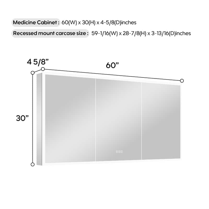30'' H Recessed or Surface Frameless LED Mirror Cabinet With Defogger, Dimmer, Outlets & USB Ports 