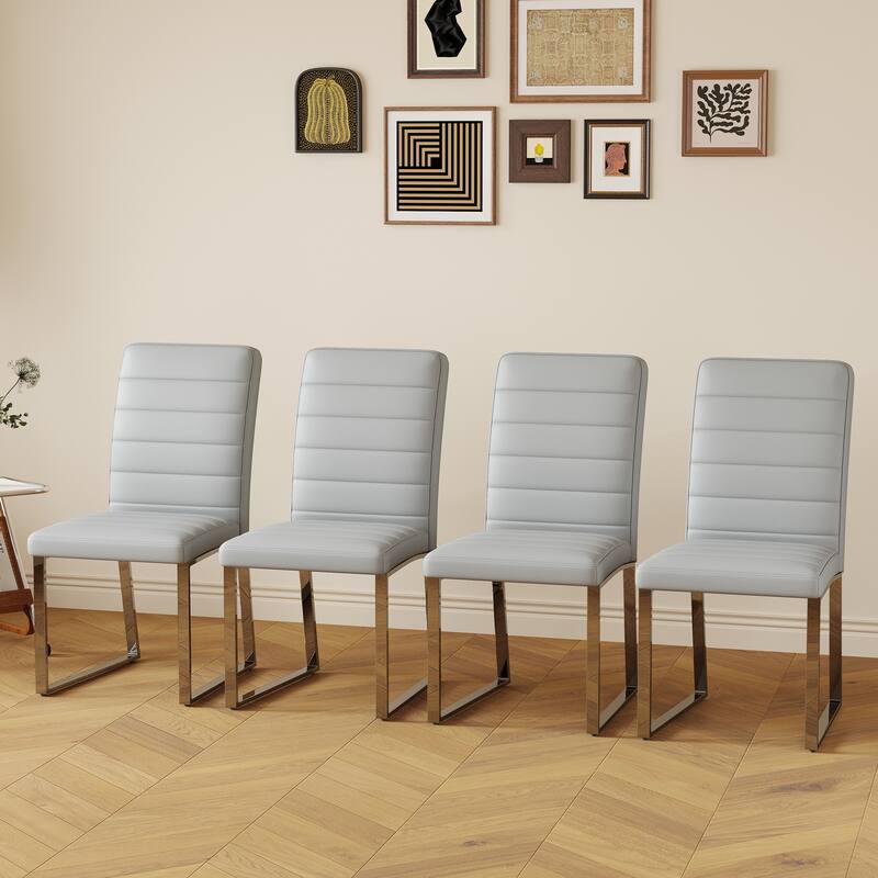 4PCS Iron Frame PU Dining Chairs - Light Grey