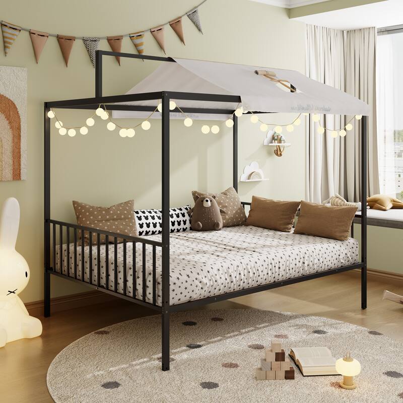 3-in-1 Convertible Metal Bed for Kids, Toddler Floor Bed, Fenced Bed and Montessori Elevated Bed with House-shaped Frame