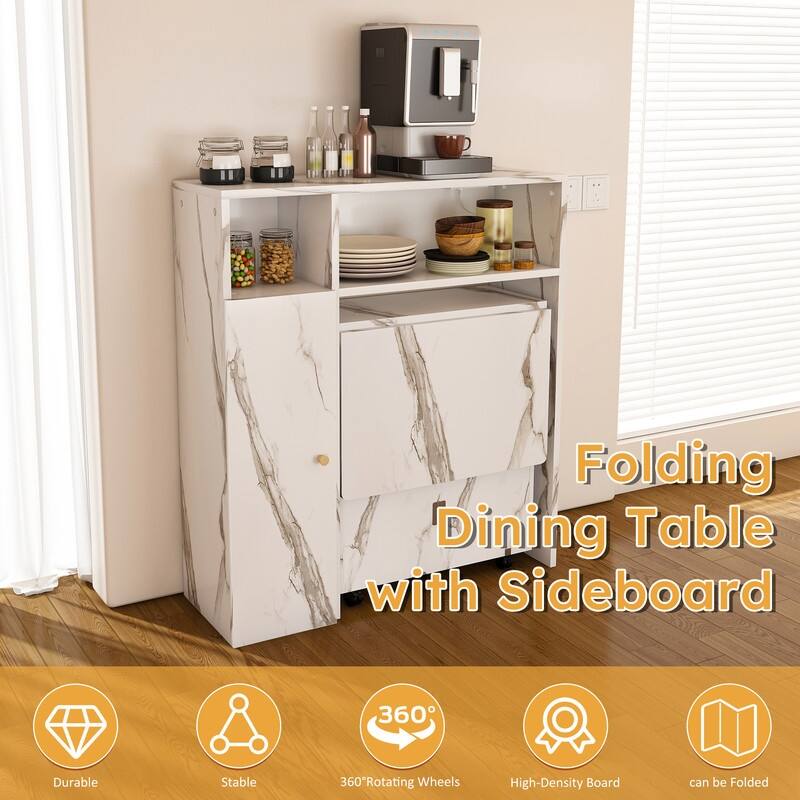 Folding Dining Table and Storage Sideboard with Charging Station， Multifunctional Space-Saving Kitchen Table with Wheels