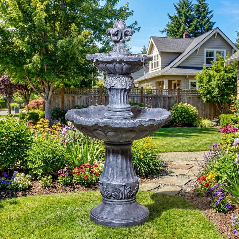 Vbal 2 Tier European Style Carved Outdoor Water Fountain with ETL Certified Auto Shutoff