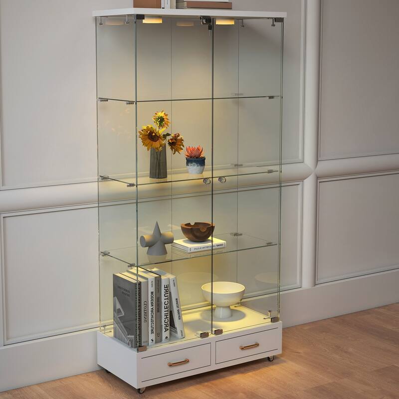 Modern Glass Display Cabinet with Large Drawer for Living Room and Bedroom