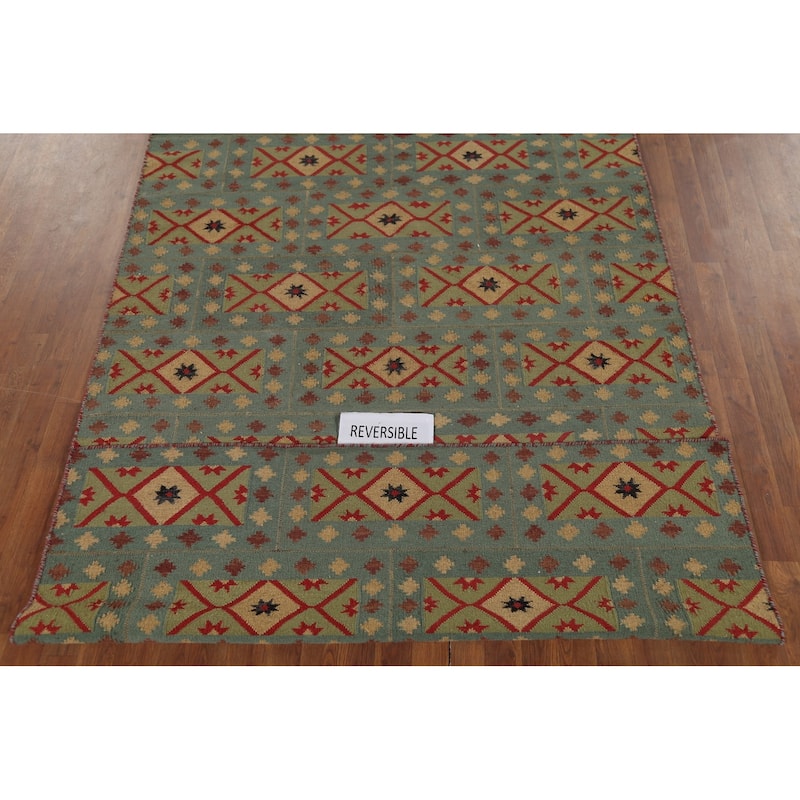 Geometric Kilim Oriental Area Rug Flatweave Green Wool Carpet - 5'7"x 9'0"