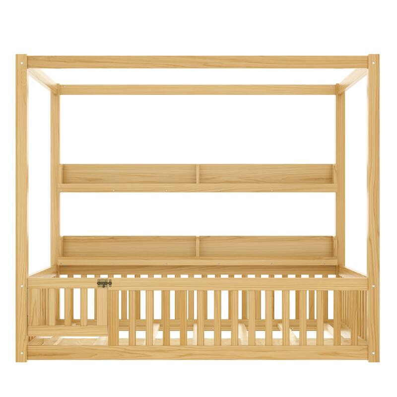 Montessori-Inspired Design Canopy Bed Kids Solid Wood Floor Bed Frame with Built-in Storage Shelves and Child-Safe Guardrails