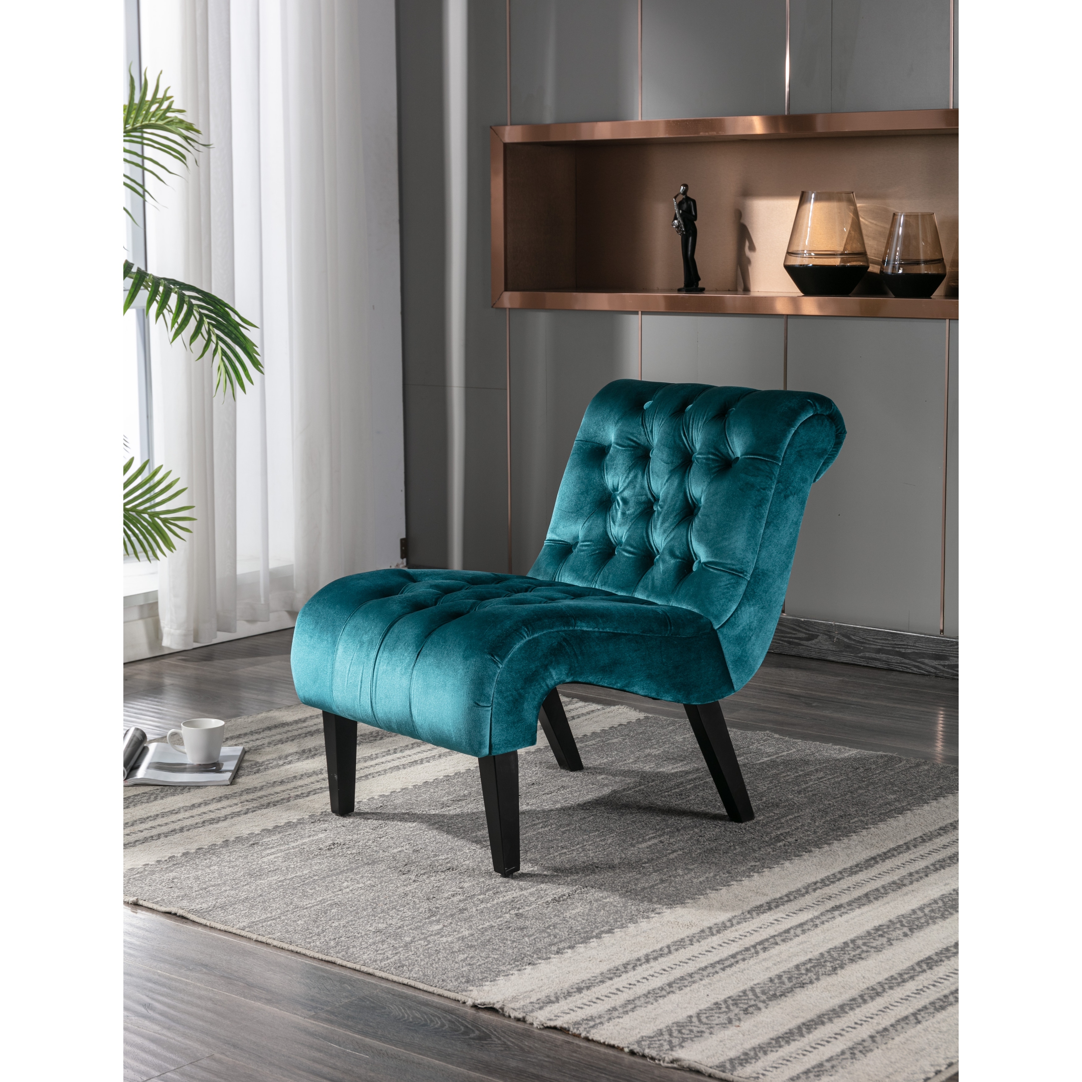 Ottoman Turquoise Bedroom Chair Accent Chair, Velvet Tufted
