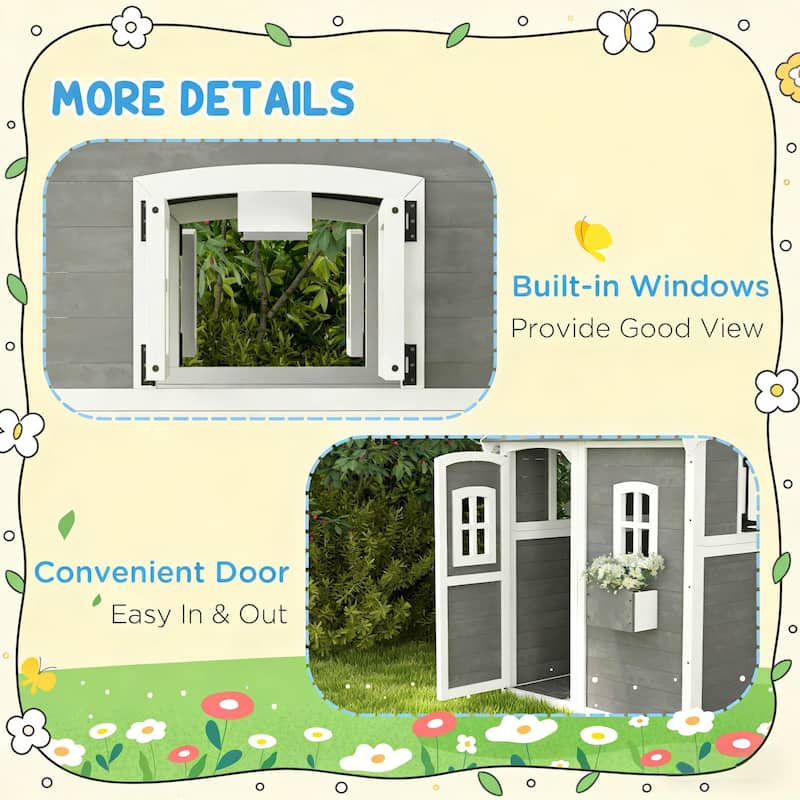 GDFStudio Outdoor Rowan Fir Wood Kids Playhouse with Windows and Plant Box - Gray