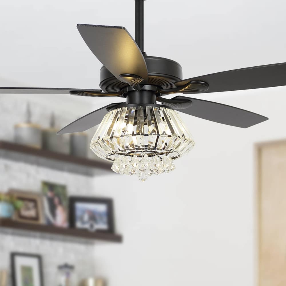 52" Matte Black Wood 5-Blade Crystal Ceiling Fan with Remote