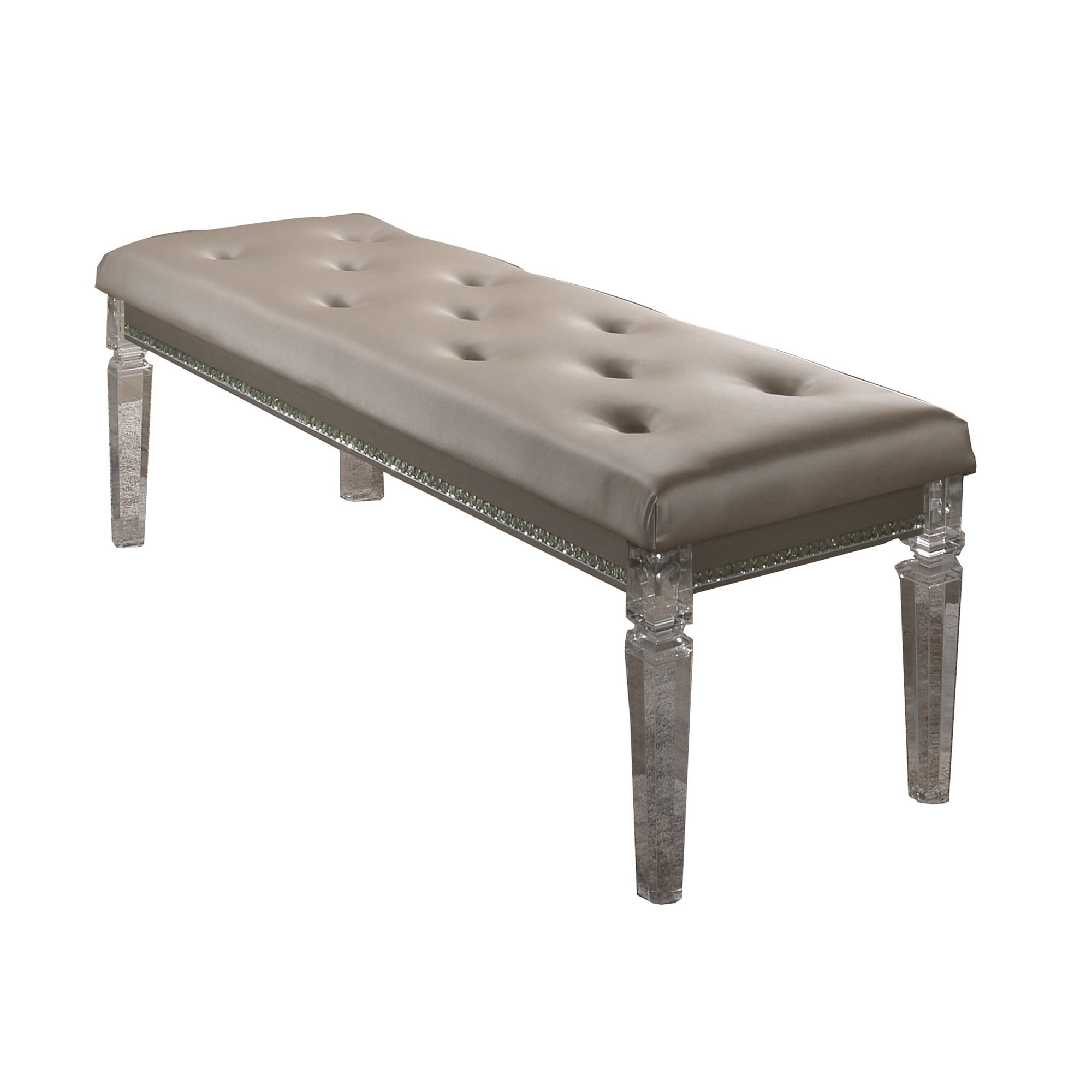 Benjara Leatherette Tufted Bench with Tapered Acrylic Leg Support, Beige and Clear