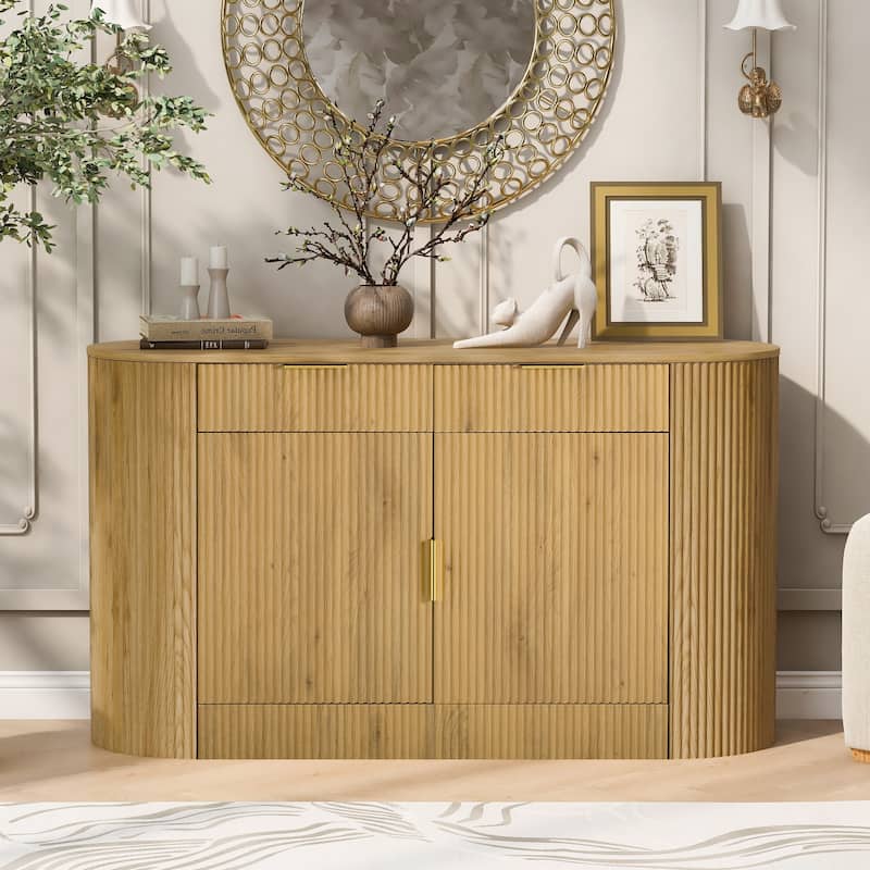 55.1" Modern Storage Cabinet with 2 Doors & 2 Drawers, Stripe MDF Sideboard with Curved Door & 3-Tier Shelves for Multiple Rooms - Natural