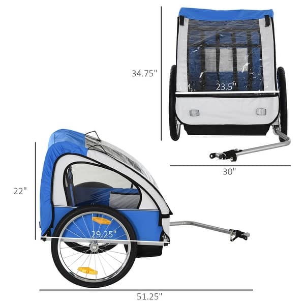 dimension image slide 0 of 2, Aosom 2-Seat Kids Child Bicycle Trailer with a Strong Steel Frame, 5-Point Safety Harnesses, & Comfortable Seat