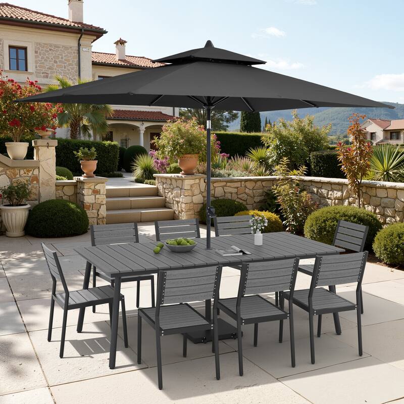 11-Piece Outdoor Dining Set Aluminum Table and 8 Stackable Chairs w/ 10 ft Umbrella and Base Stand