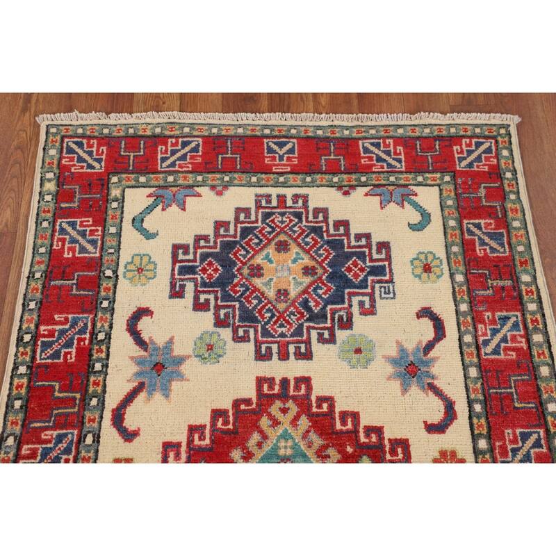 Ivory Geometric Kazak Foyer Rug Hand-Knotted Wool Carpet - 2'9" x 4'2"