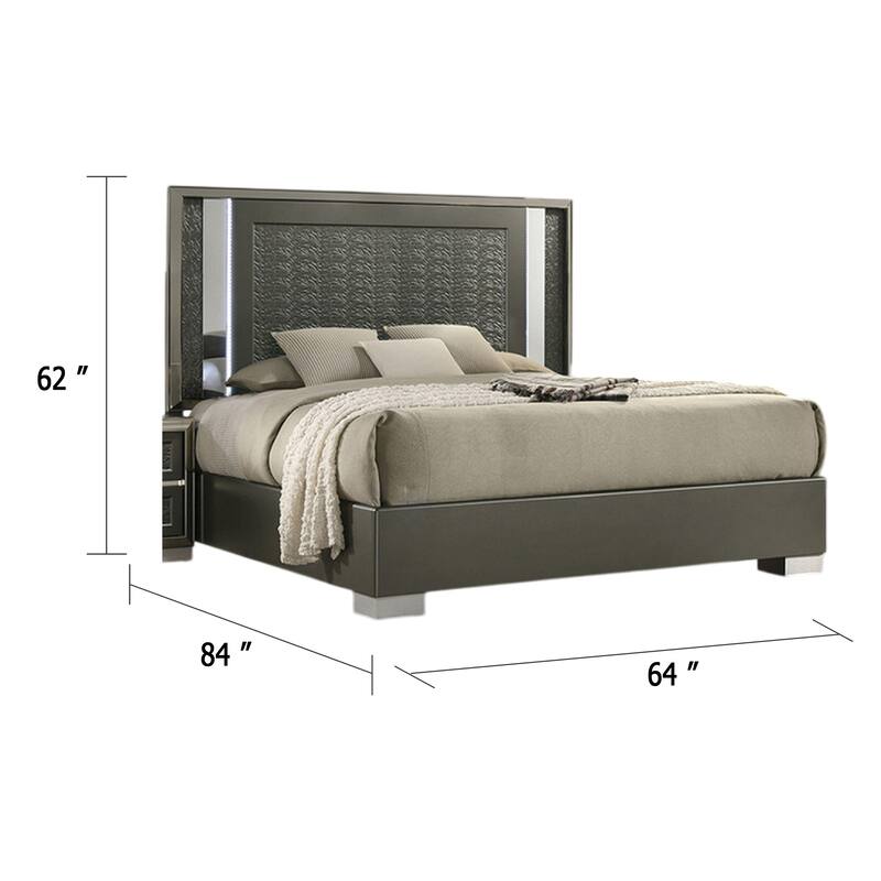 Levi Queen Bed, Dark Gray, Solid Teak and Rubberwood, Modern LED Lighting