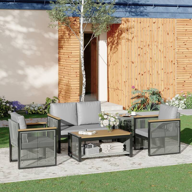 EROMMY Outdoor Patio Furniture Sets - 5/6/7 Piece All-Weather Conversation Sets withTable & Ottoman, Sectional Sofa & Chairs. - 5 PCS - Loveseat & 2 Chairs & Table - Grey