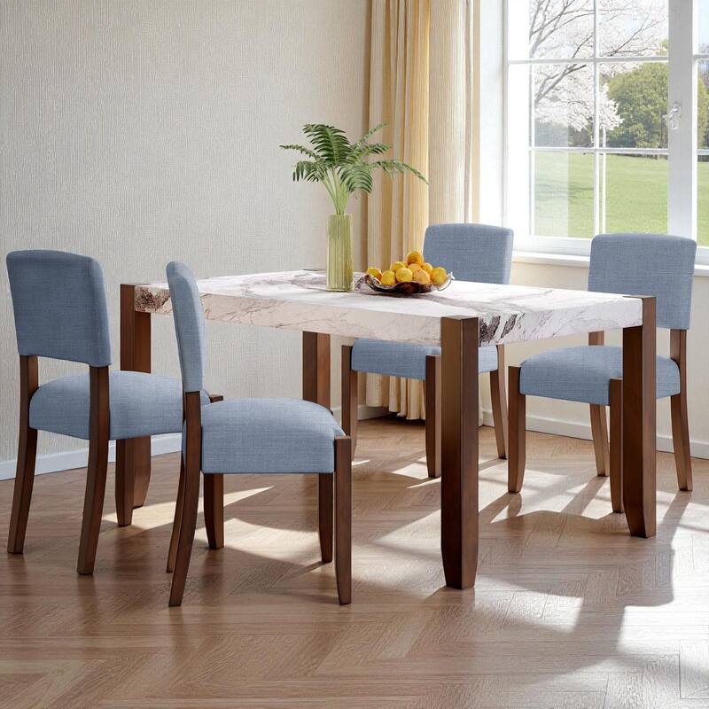 5-Piece 46" Faux Marble Dining Table Set with 4 Upholstered Chairs, Modern Rubberwood Dinette Set for Kitchen or Dining Room
