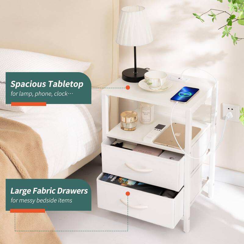 Nightstand with Charging Station, Small Night Stand with Fabric Drawers,Small Spaces Bedside Table with USB Ports & Outlets