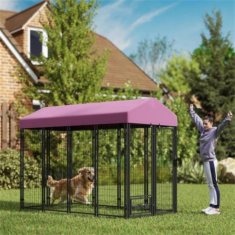 Red Steel and Oxford Cloth Dog Kennel Playpen with Roof, Gate and Bowls - 94.5" L x 48" W x 72" H