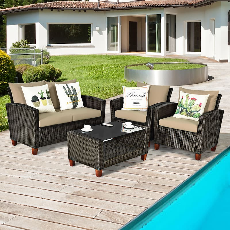 4 PCS Patio Rattan Furniture Set Outdoor Wicker Conversation Set