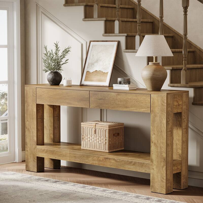 2-Tier Wooden Console Table with 2 Drawers for Entrance - /
