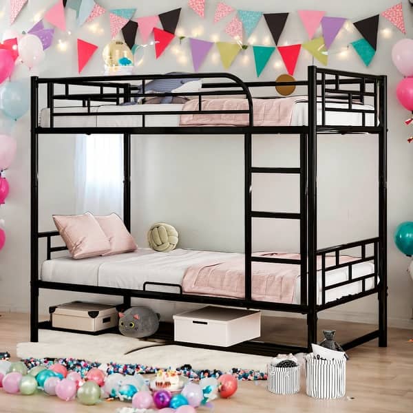 slide 2 of 12, Modern Twin Over Twin Bunk Bed with Shelf and Guardrails,Separate into 2 Twin Beds for Bedroom