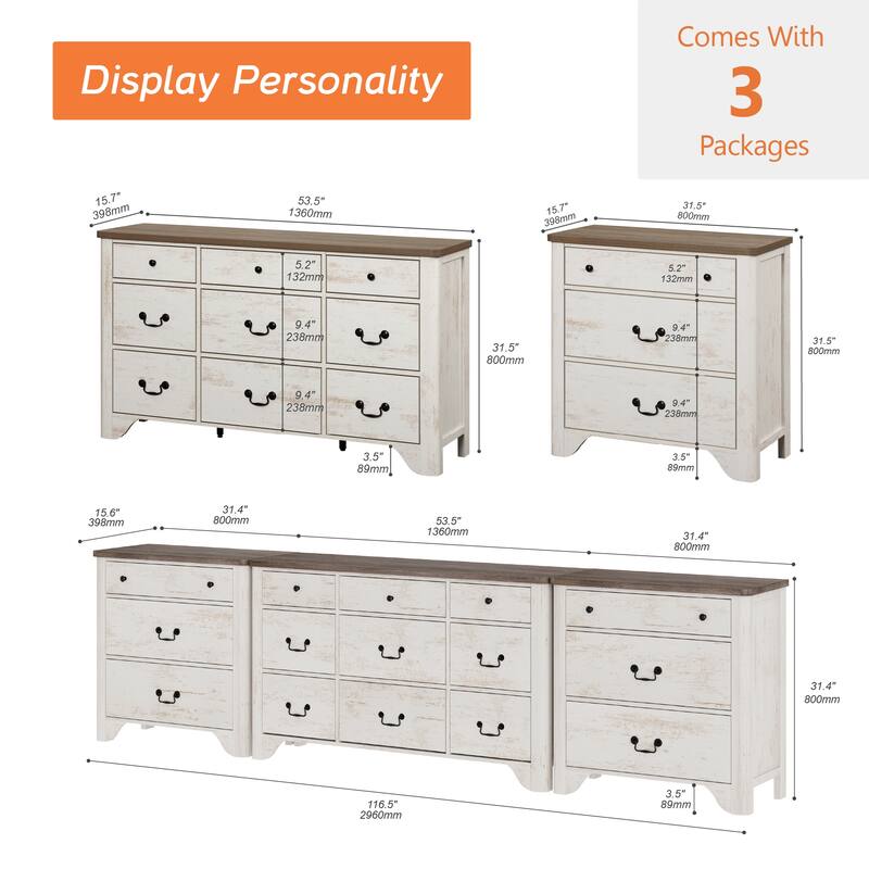 WAMPAT 3 Pieces Farmhouse Dresser Set,Wooden Storage Cabinet for Bedroom, Hallway, Closet