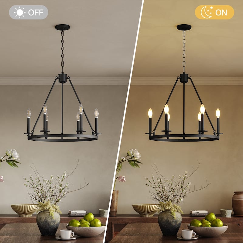6-Light Farmhouse Black Wagon Wheel Chandelier with Adjustable Height